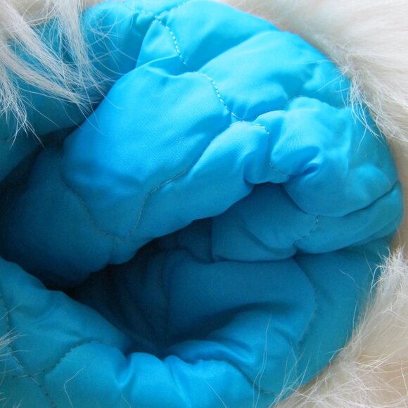 TURQUOISE BLUE WHITE FOX FUR WOOL Handmade Patchwork Trapper Eskimo Long Mitts - Picture 5 of 9